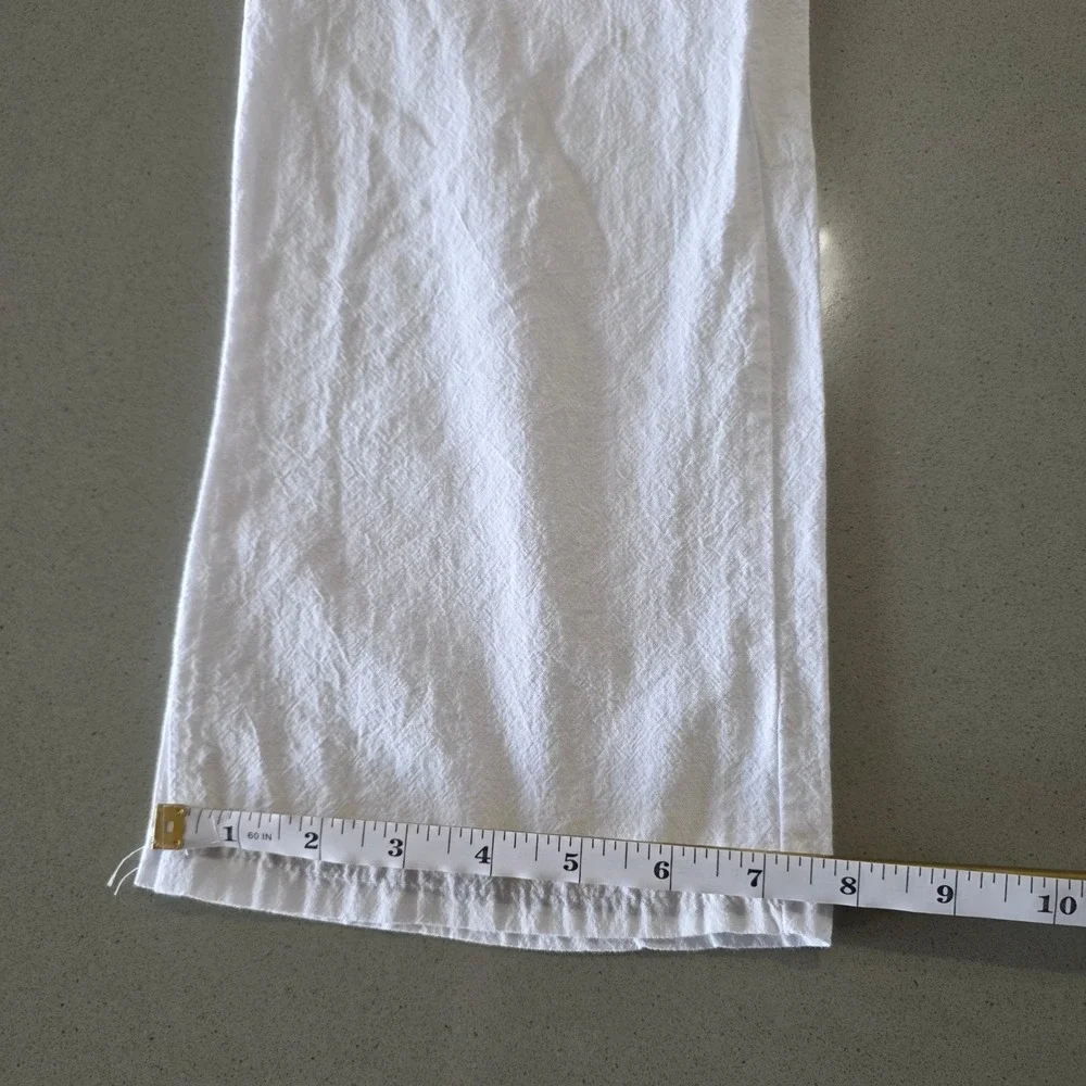 White Linen Blend Elastic Waist Straight Leg Casual Pants Mens Size Medium
